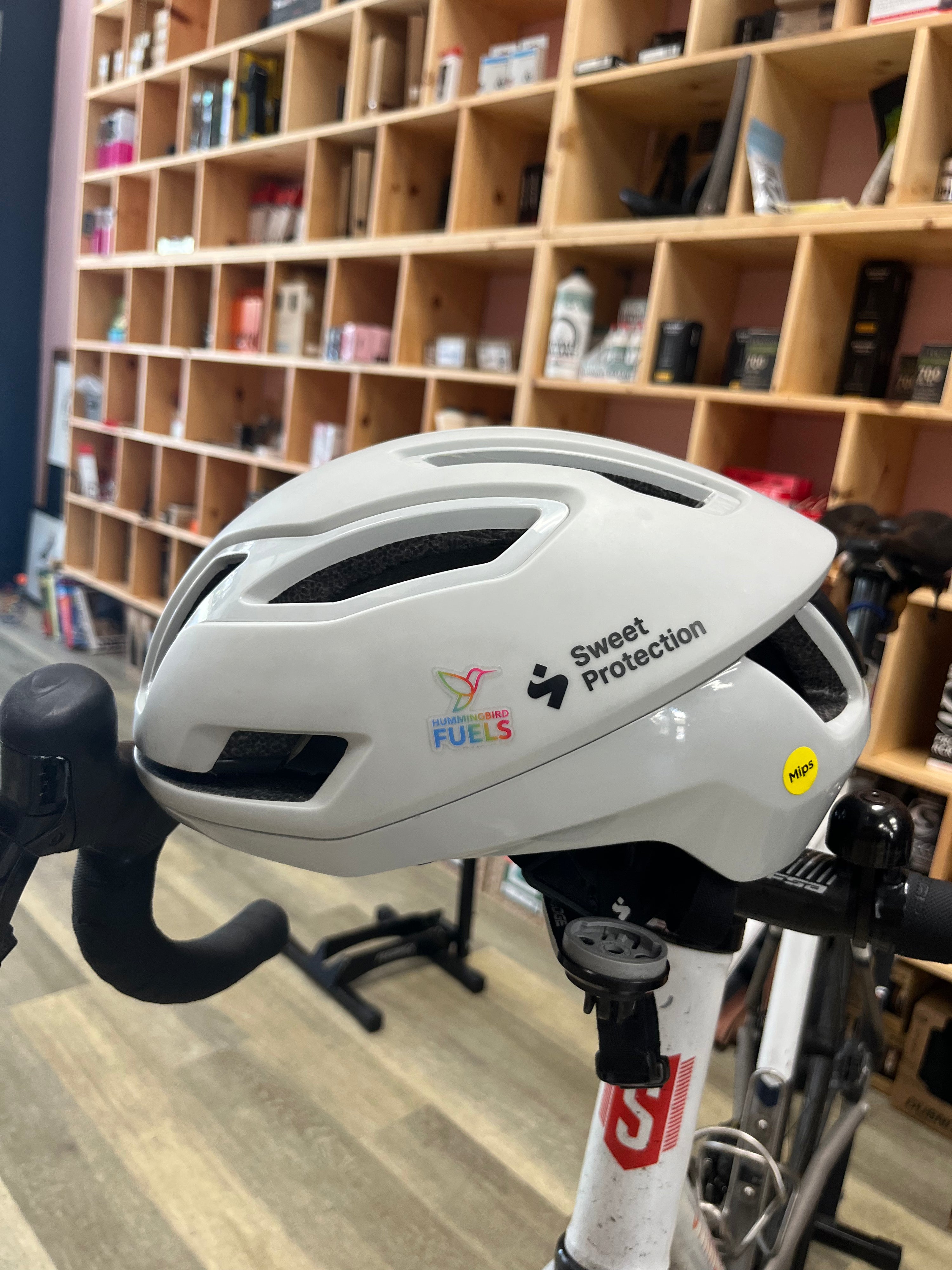 A white Sweet Protection bicycle helmet with a Hummingbird Fuels sticker, mounted on a bicycle handlebar in a retail store setting with wooden shelves in the background.