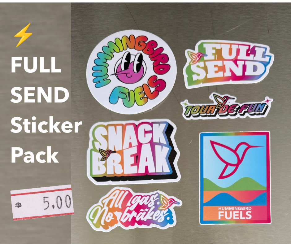 A sticker pack display on a brushed metal background with text reading 'FULL SEND Sticker Pack' and a price tag showing 5.00.