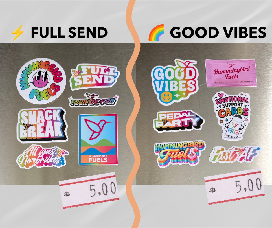 A split comparison graphic showing two sets of colorful stickers on a metallic gray background, labeled FULL SEND on the left and GOOD VIBES on the right.